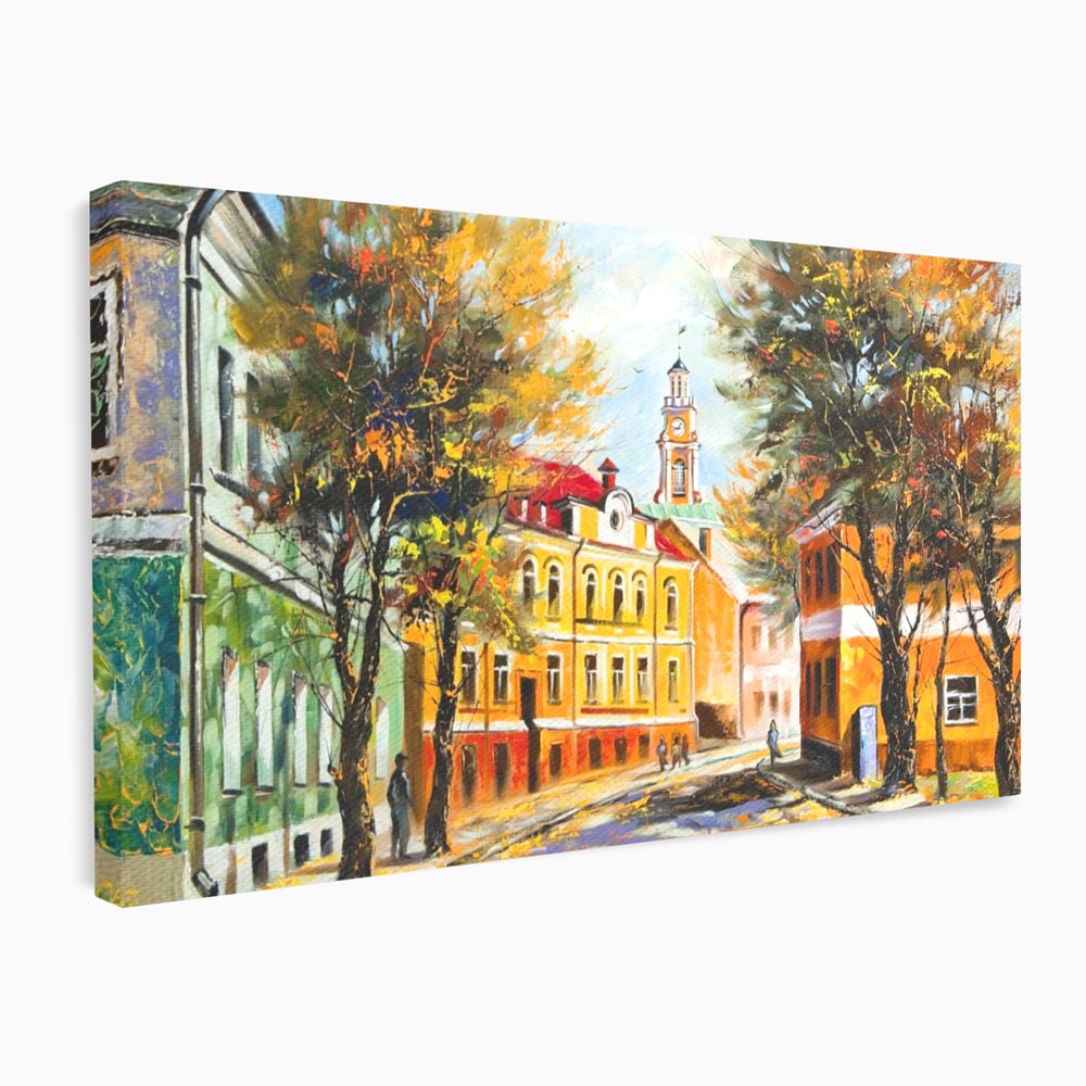 Tablou canvas cu pictura stradala cu peisaj de toamna, fara rama, pe sasiu de lemn